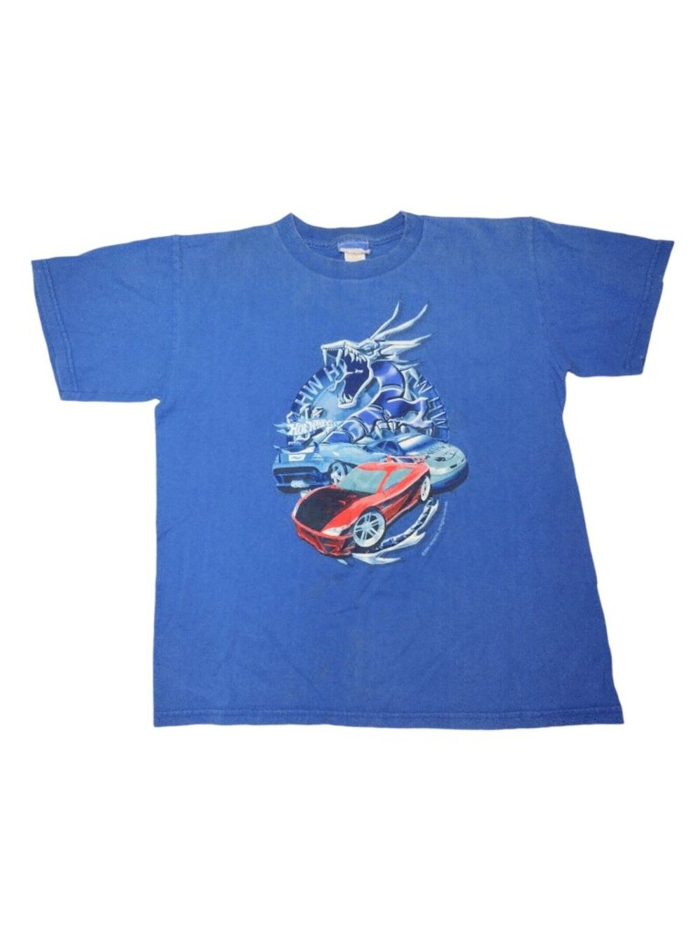 Vtg Hot Wheels Y2K Dragon Graphic Youth Boys T Shirt L 10-12 Blue 2001 Cars READ